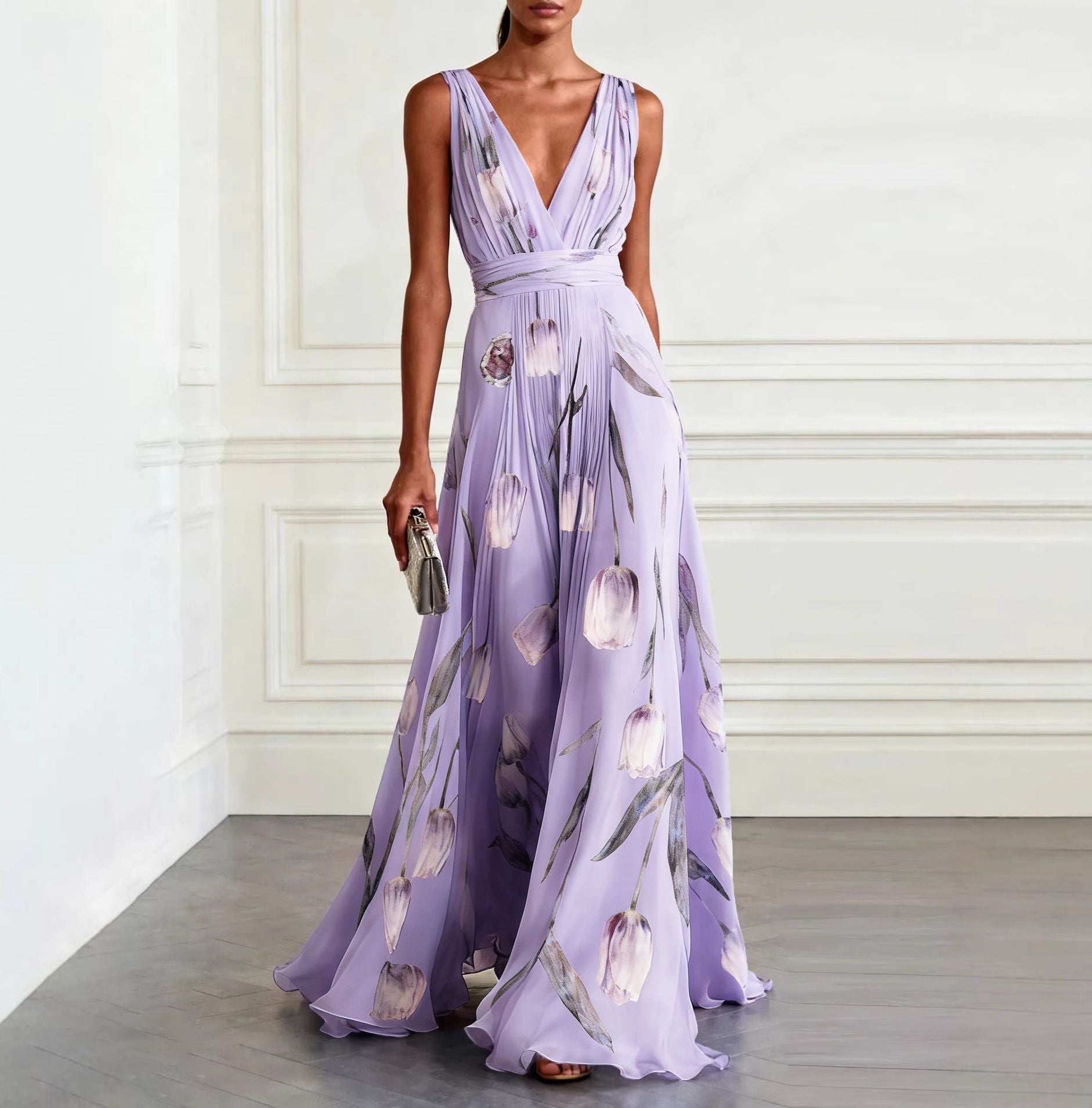 Tulip Print Evening Dress for Women Sleeveless V-Neck Long Dress 