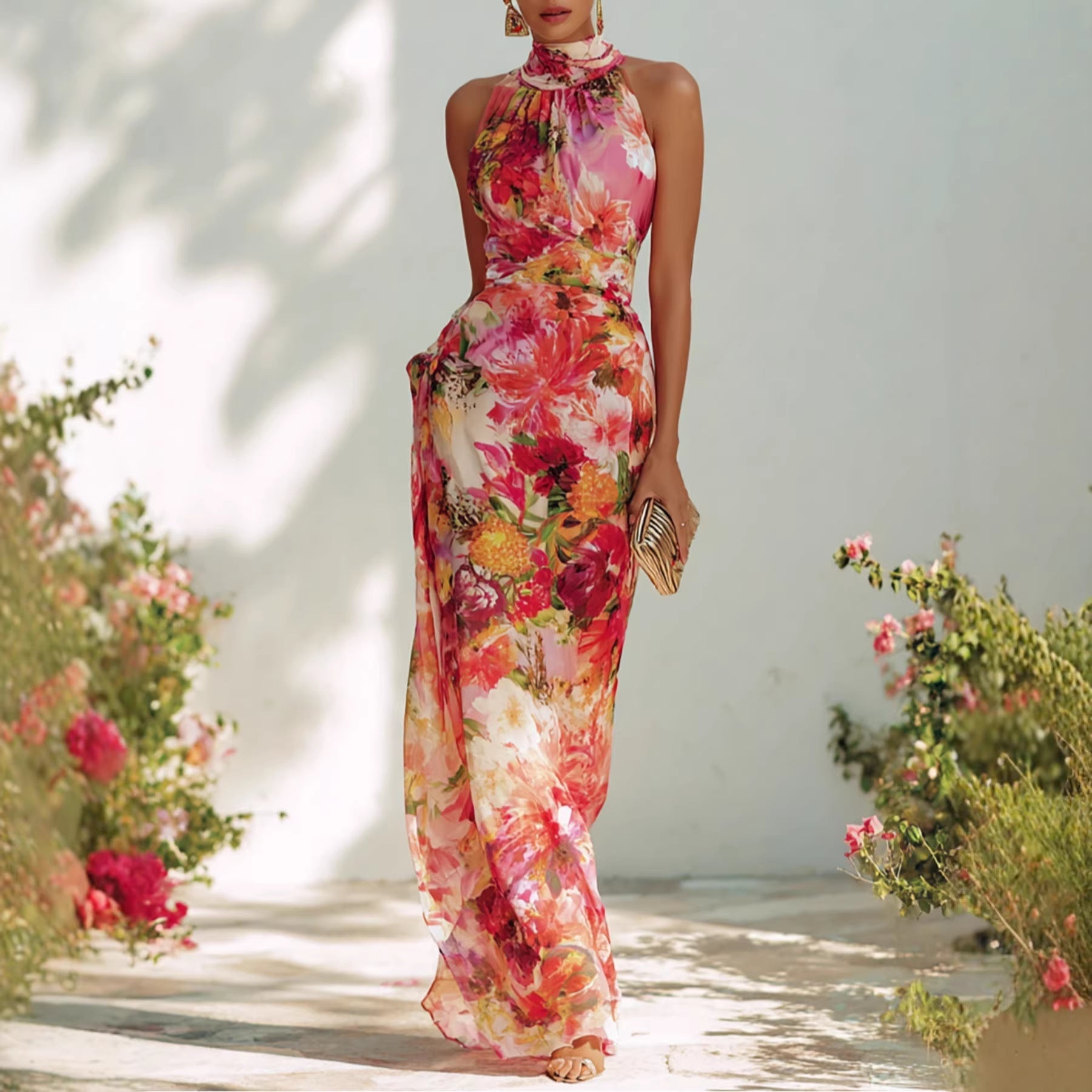 Elegant Floral Strapless Sleeveless Fitted Chiffon Dress 