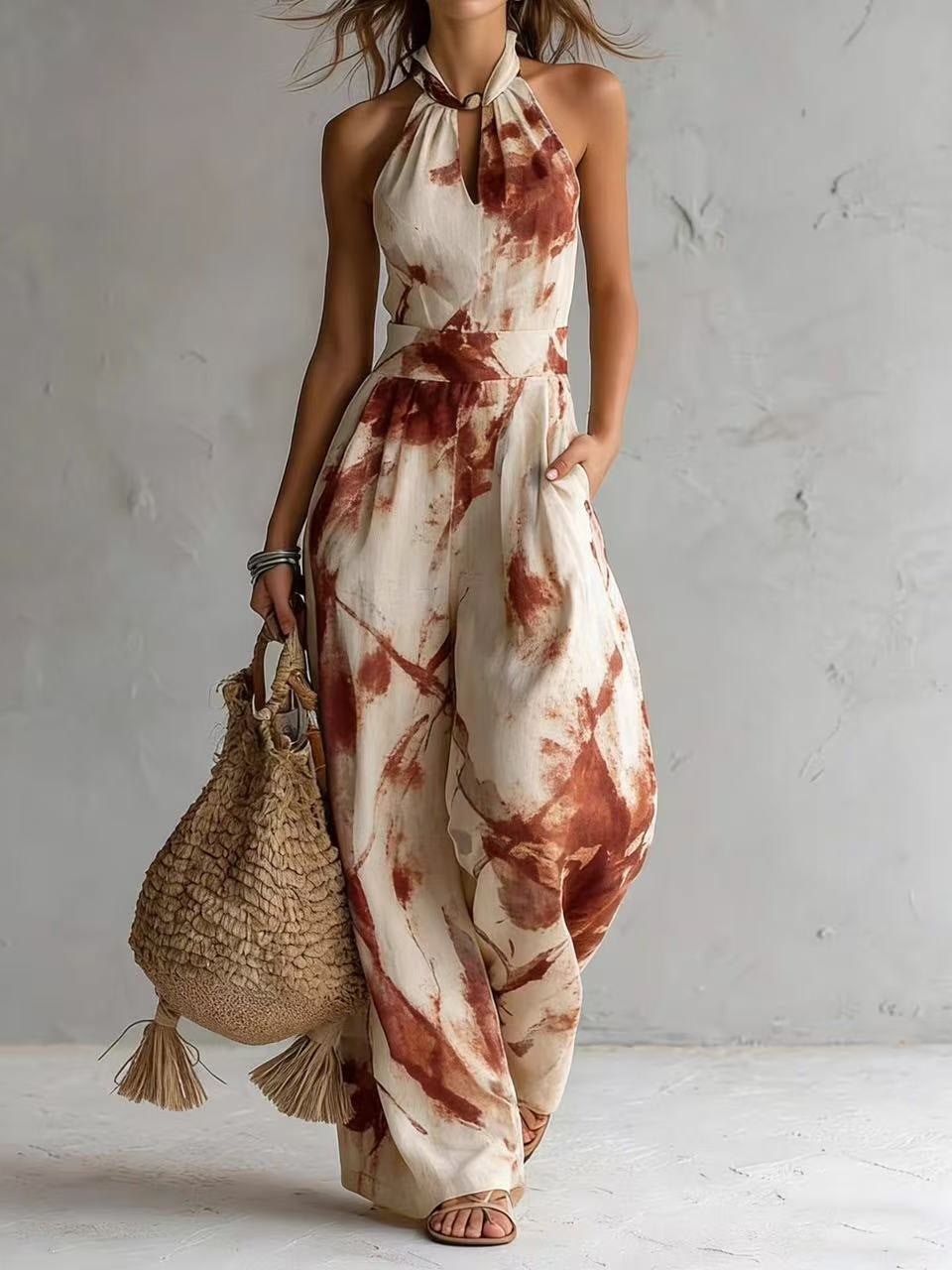 New halter backless jumpsuit, blue and white tie-dye wide-leg pants, summer beach women's wear 