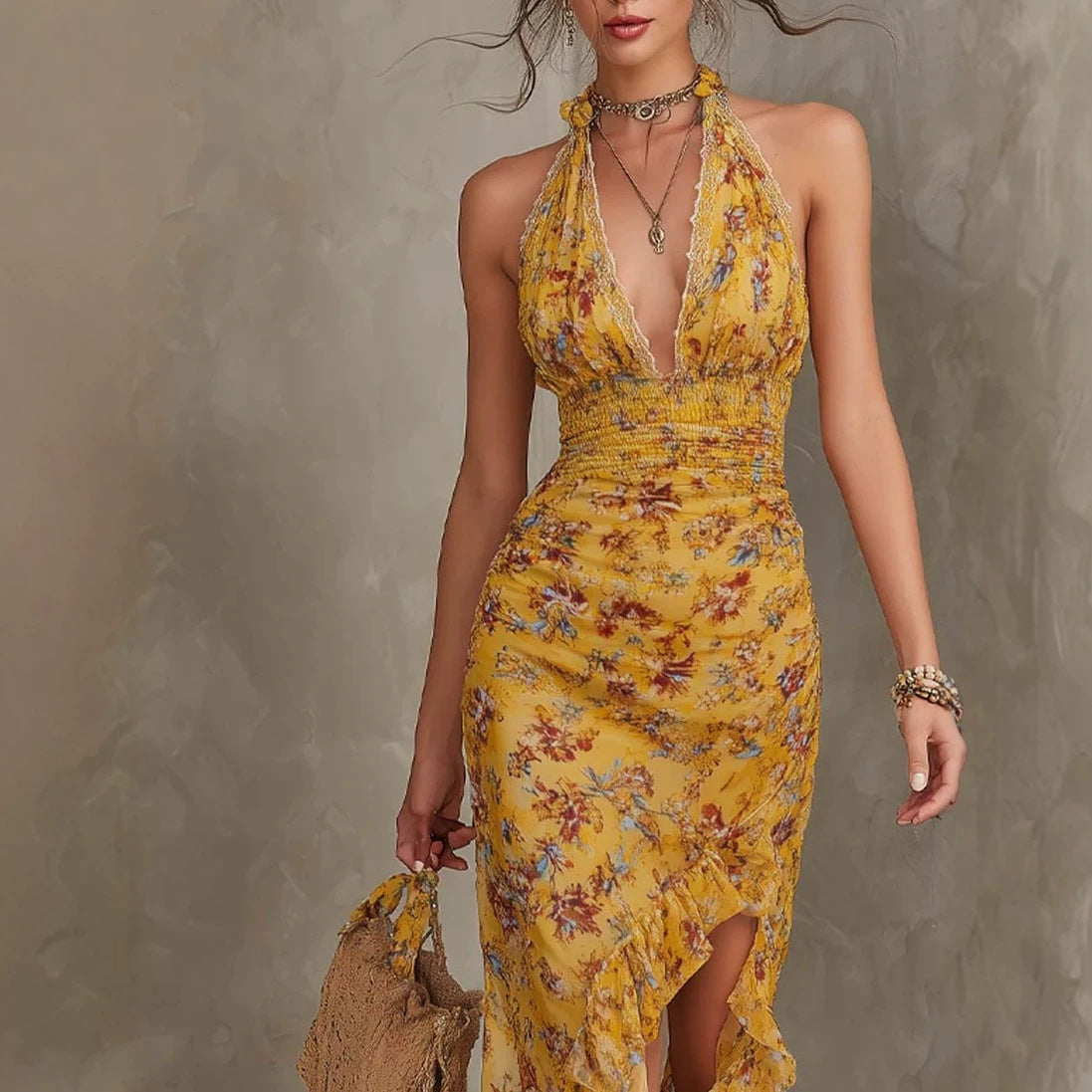 French Vintage Yellow Floral Halter Neck Dress Deep V Waist-Cinching Split Ruffle Slimming Elegant Dress 