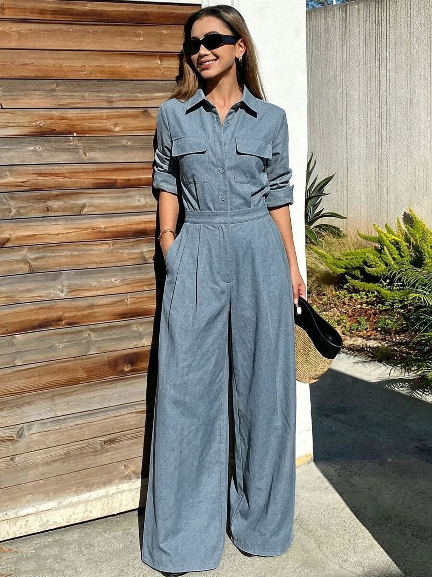 Women's collar long sleeved jumpsuit 