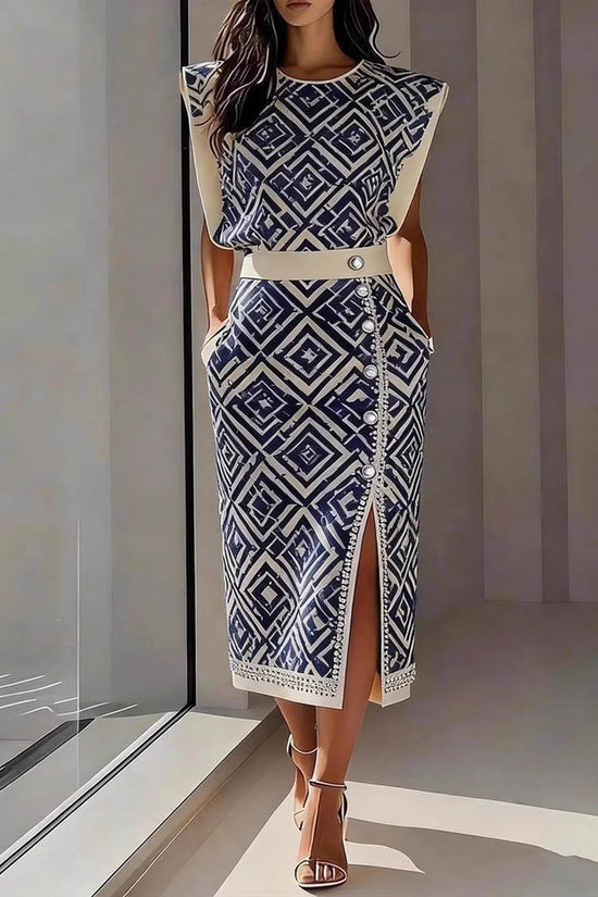 Fashion ampPrinted Sleeveless Top with Slit Long Dress Set 