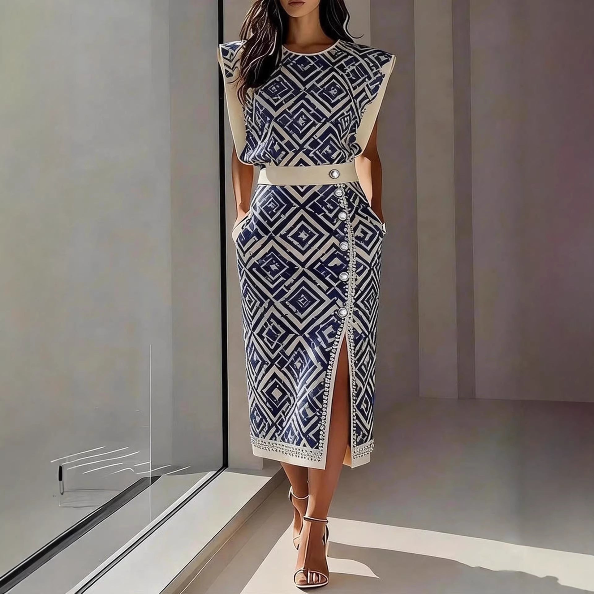 Fashion ampPrinted Sleeveless Top with Slit Long Dress Set 