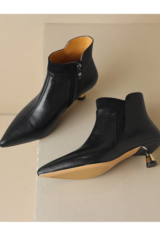 Genuine Leather Pointed-toe Kitten Heel Ankle Boots With A Sleek Mid-heel Design 