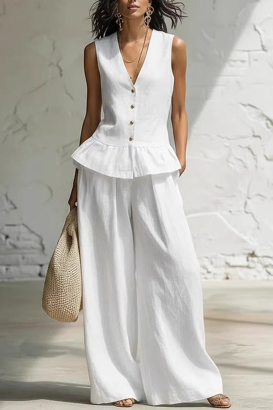 Retro Bohemian Style Ruffled Cotton-Linen Two-Piece Set 