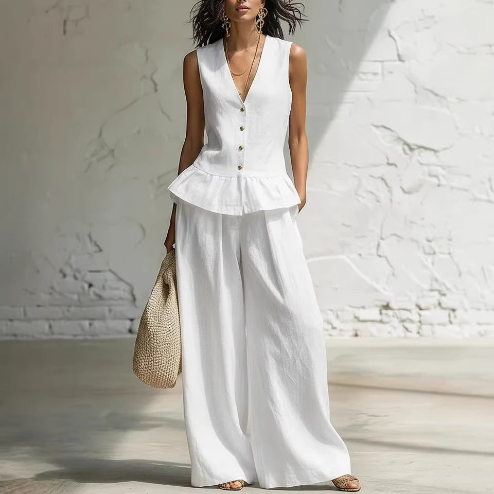 Retro Bohemian Style Ruffled Cotton-Linen Two-Piece Set 