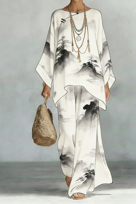 Women's Floral Print Linen Wide-Leg Two-Piece Set 