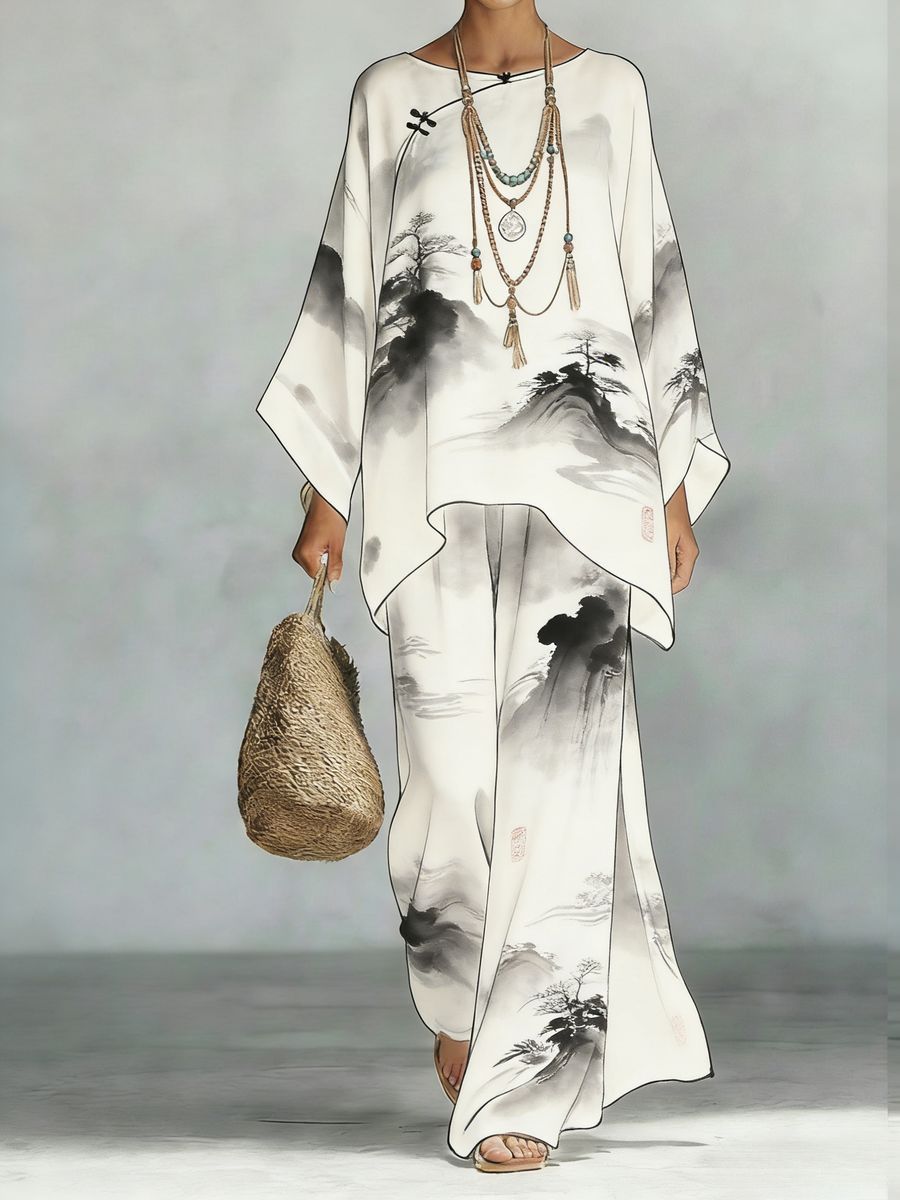 Women's Floral Print Linen Wide-Leg Two-Piece Set 