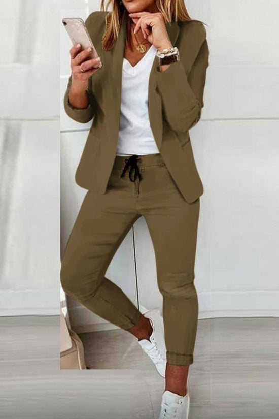 Women’s Notch-Lapel Blazer & Drawstring Pants Suit Set 