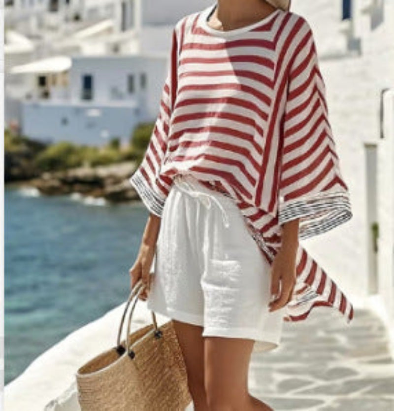 Japanese-style Vertical Stripe Ramie Bamboo Fiber Top Womens Set 