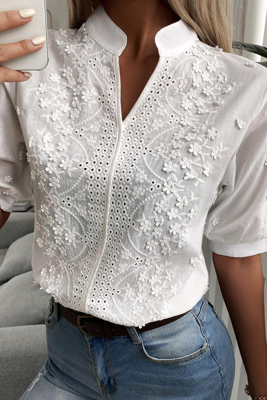 🌸 Women's V-Neck Stand Collar Embroidered Lace Blouse FitiqueFit