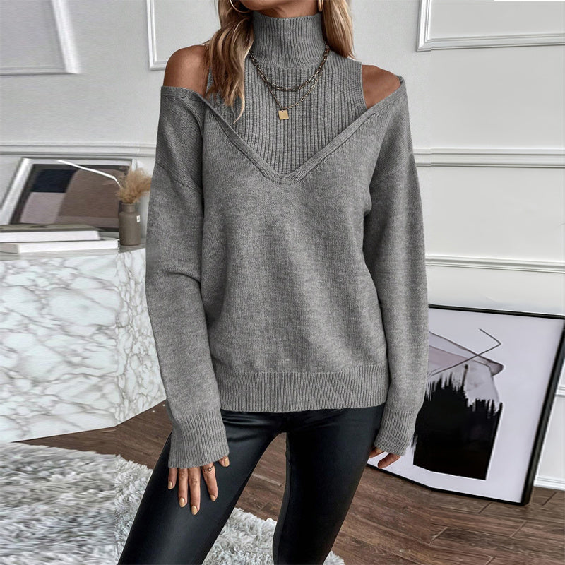 Women's Elegant Off-Shoulder Turtleneck Sweater, Solid Color Long Sleeve Knit Top For Autumn & Winter CJ US