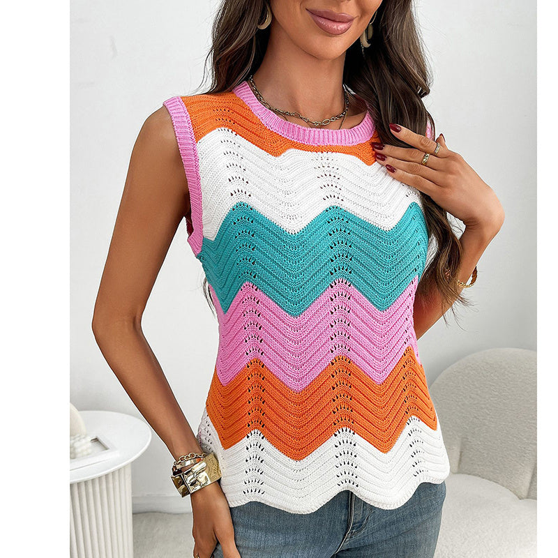 Womens Summer Rainbow Striped Sweater Vest Sleeveless Knit Crew Neck Color Block Going Out Cropped Tank Top CJ US