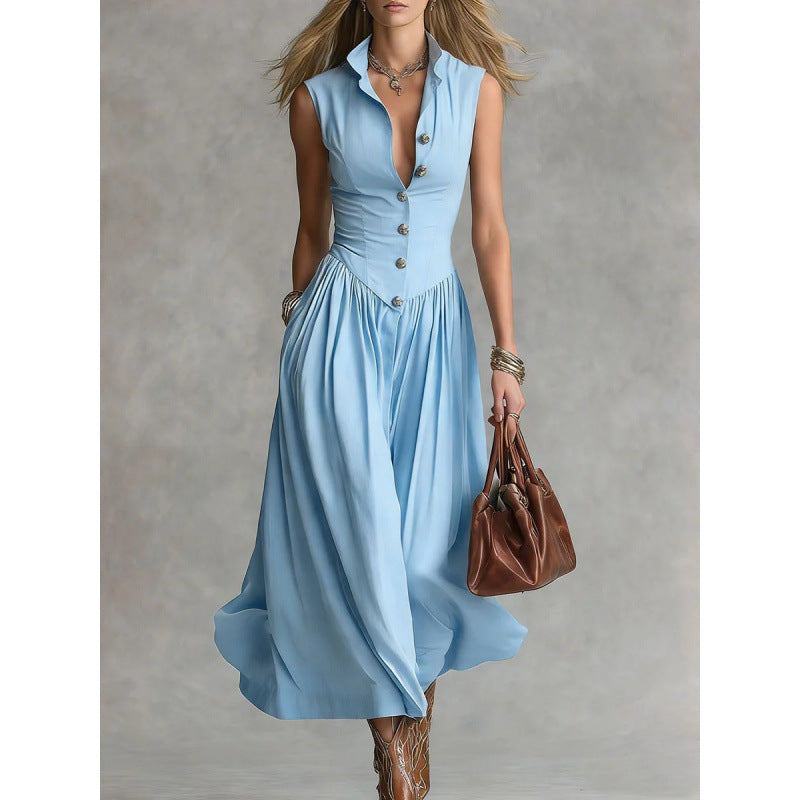 Elegant, Sophisticated Long Sleeveless Dress With A Lapel Collar 