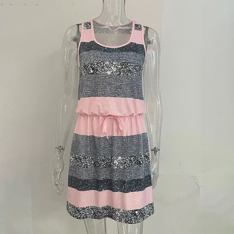 Women's Sleeveless With Adjustable Waist Tie Vest Dress - Casual Summer Mini Dress With Color Block Striped Design CJ US