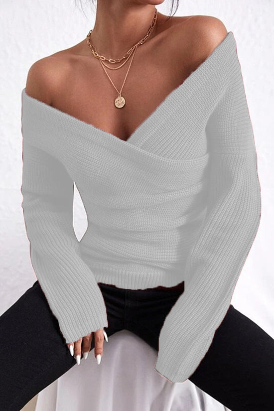 Crew-neck Off-shoulder Casual Cross-over Fitted Knit Sweater 