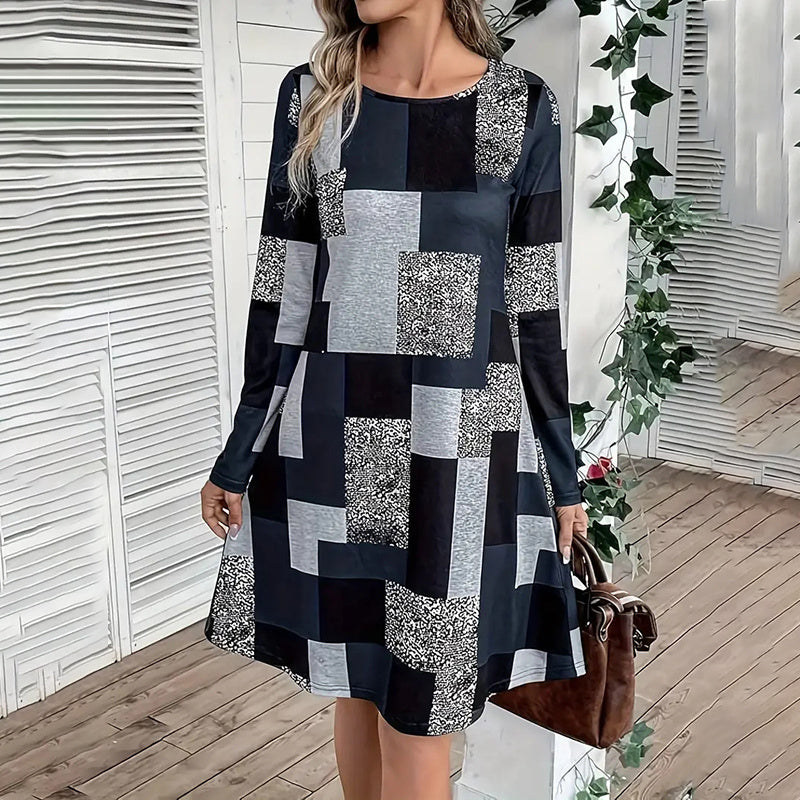 Women's Round Neck Long Sleeve Dress - Digital Print Casual Elegant Spring & Fall Dress CJ US