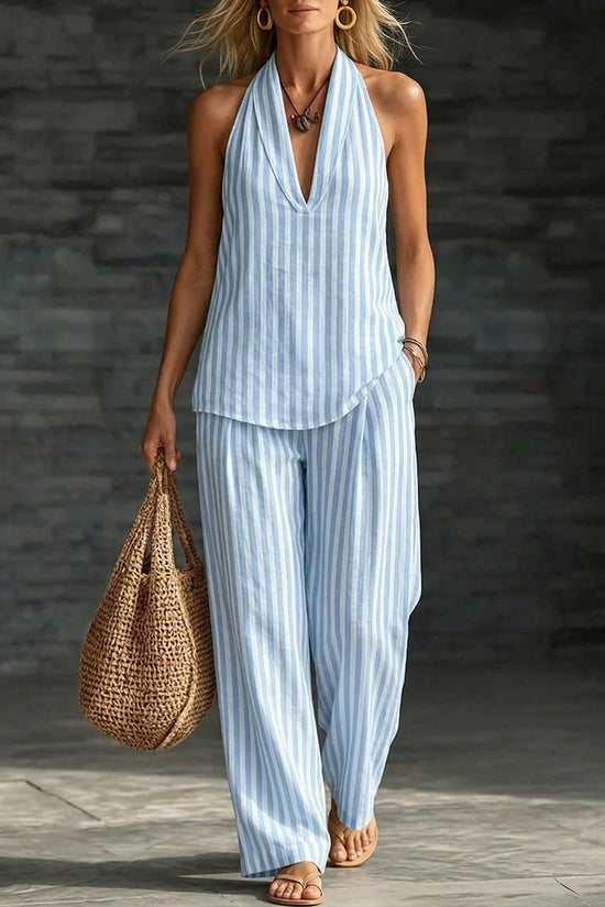 Striped Wide-leg Pants Womens Fashionable Two-piece Set 