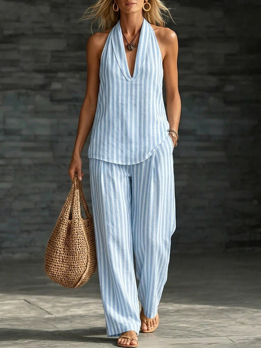 Striped Wide-leg Pants Womens Fashionable Two-piece Set 