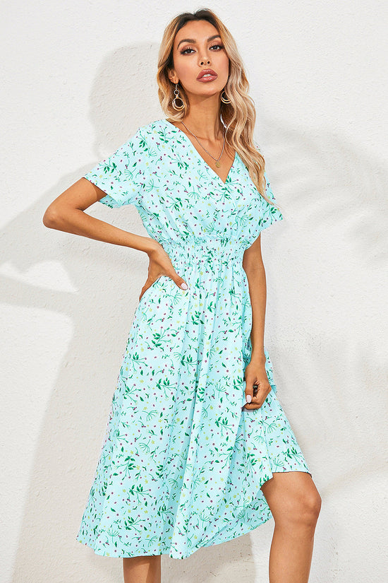 Women's V-Neck Floral Print Dress - A-Line Waisted Summer Maxi Dress 