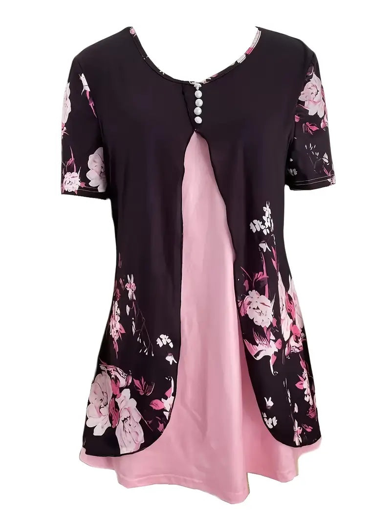 Summer New Short-sleeved Printed Fake Two-piece T-shirt V-neck Fashion Spike Top CJ