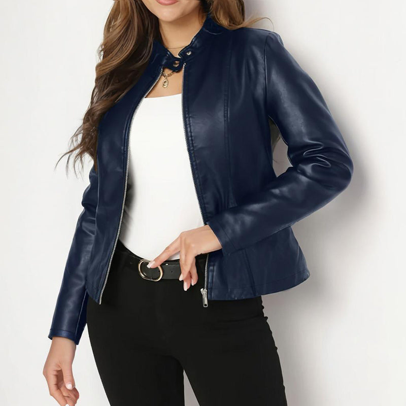 Women's Solid Color Long Sleeve Stand Collar Faux Leather Blazer CJ US