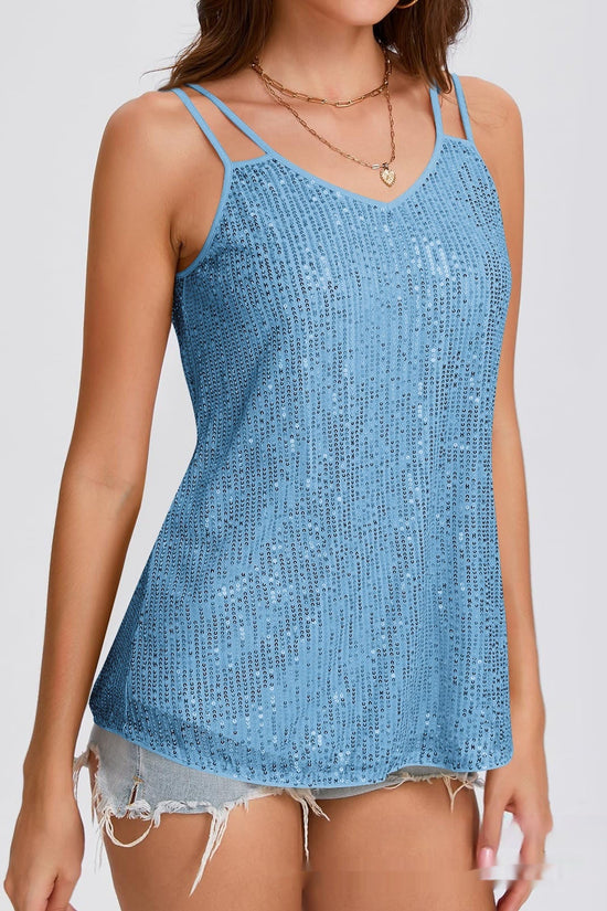 Sequin V-Neck Camisole – Rhinestone Strap Sparkly Top 