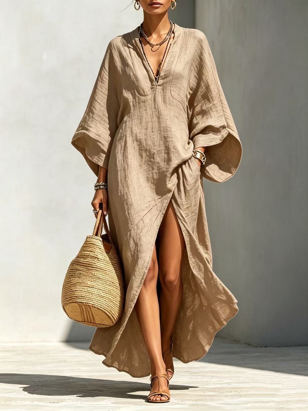 Batwing-sleeve Loose-fitting Maxi-length Resort Dress 