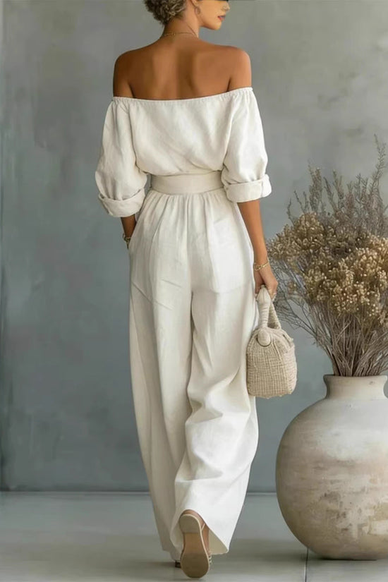 Casual Two-Piece Womens Outfit Off-Shoulder Top And Wide-Leg Pants Set 
