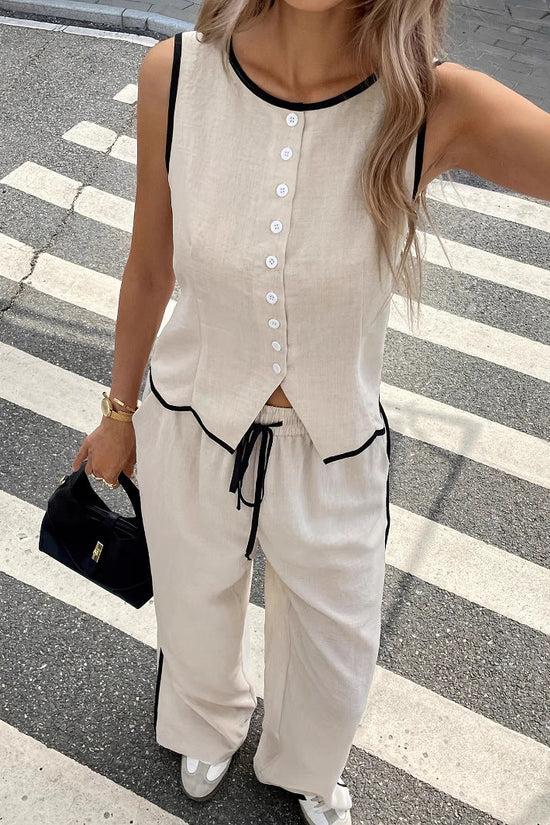 Women's Contrast Color Sleeveless Single-breasted Vest And Drawstring Trousers Suit 