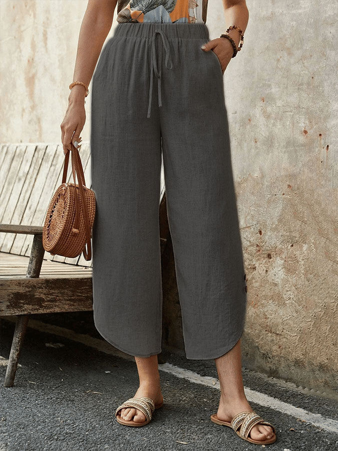 Cotton And Linen Drawstring Cropped Loose Pockets Casual Pants FitiqueFit