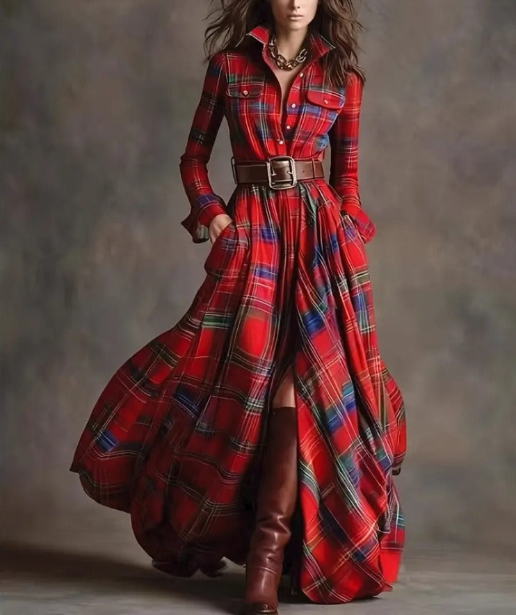 Ins Plaid Print Long-Sleeved Dress Fashion Pockets Collared Buttons Shirt Long Dresses Retro Women's Clothing 
