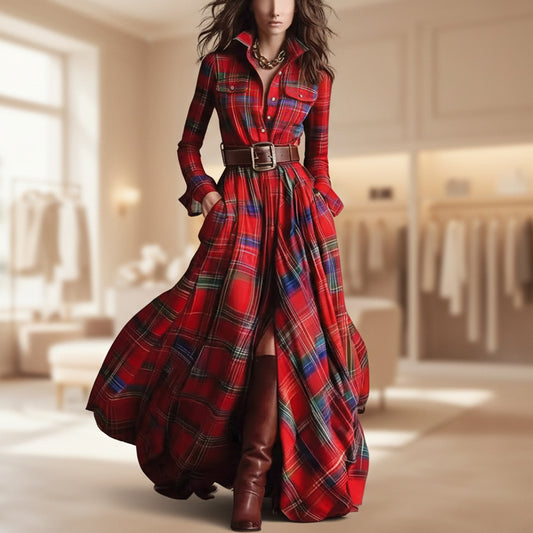 Ins Plaid Print Long-Sleeved Dress Fashion Pockets Collared Buttons Shirt Long Dresses Retro Women's Clothing 