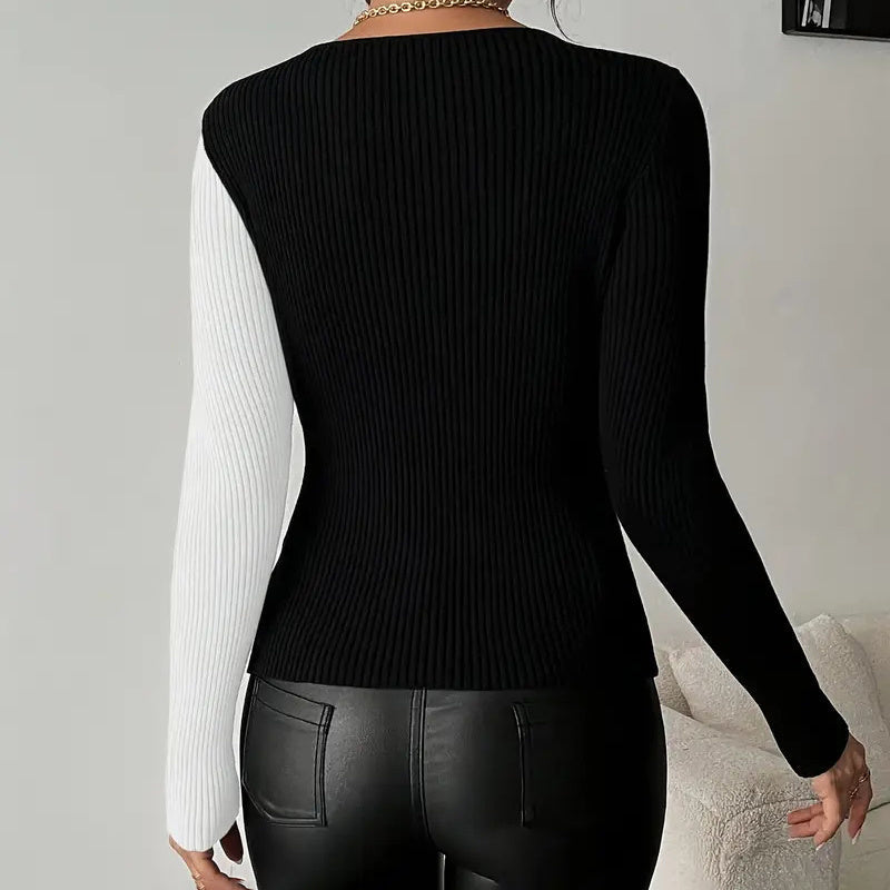 Women's Elegant V-Neck Cross Front Sweater, Color Block Knit Top For Spring And Fall Layering CJ US
