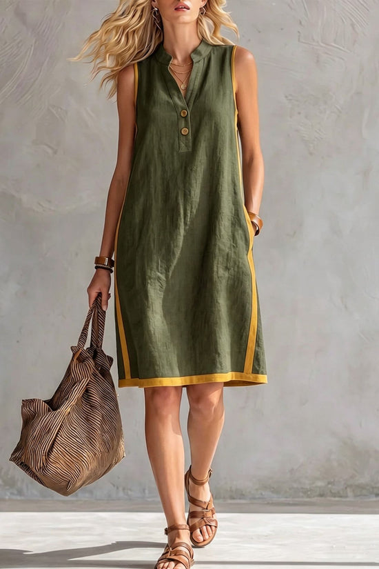 Sleeveless V-neck Pocketed Button Casual Dress 