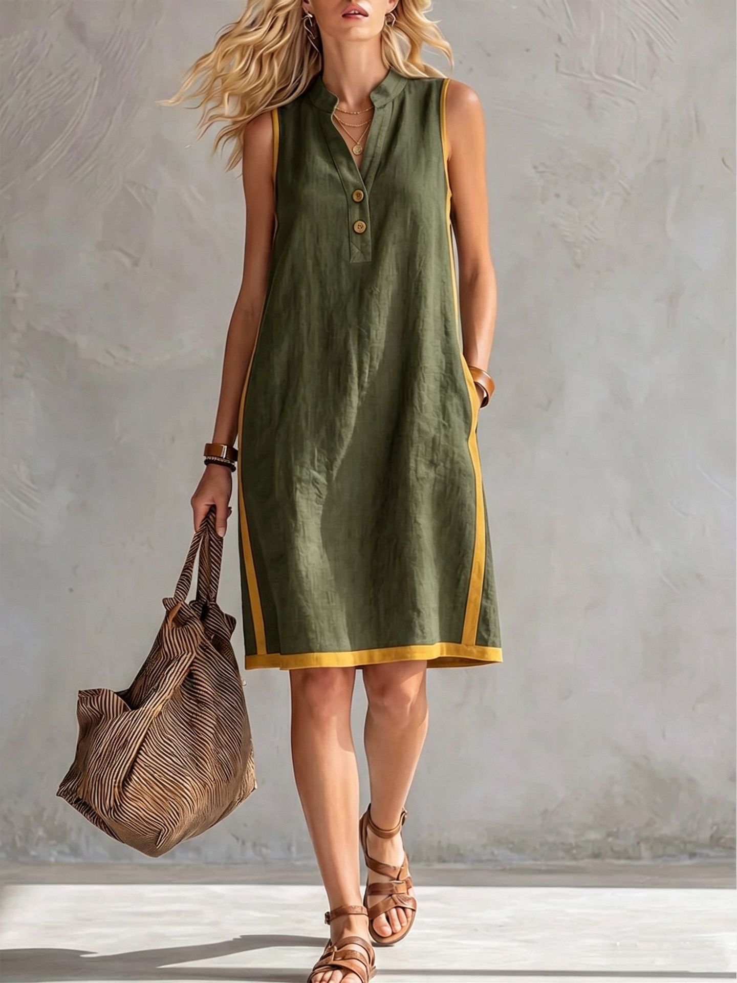 Sleeveless V-neck Pocketed Button Casual Dress 