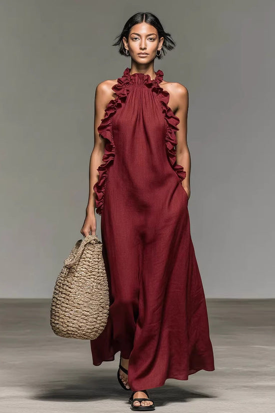 Resort-style Ruffled Halterneck Sleeveless Dress Loose-fitting And Figure-flattering Maxi Skirt 