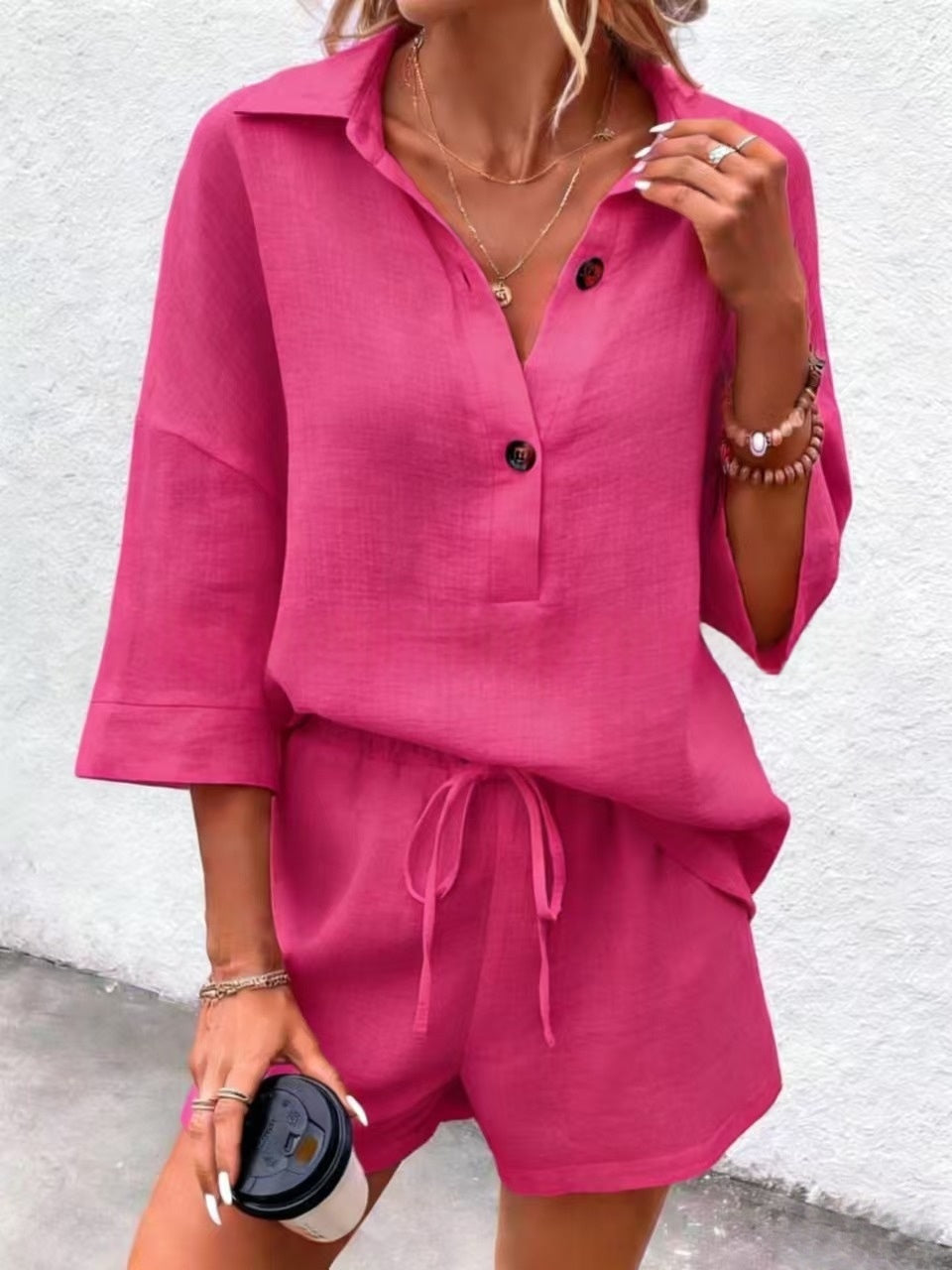Notch-lapel Short-sleeve Belted Shorts Casual Set 