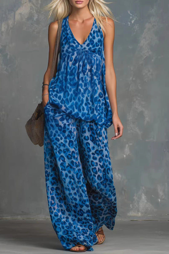 Womens Loose-Fitting Leopard-Print Sleeveless Top And Chiffon Pants Set 