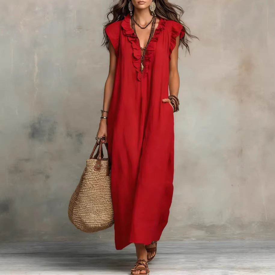 Women's Spring Summer Pocket Ruffle Elegant Dress 