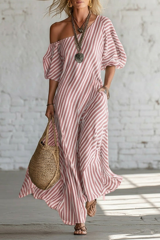 Spring Elegant Striped Off-Shoulder Dress 