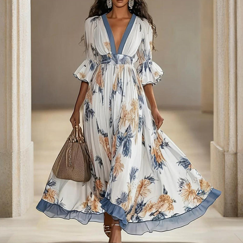 Women's Floral Print Maxi Dress With Deep V-Neck & Flare Sleeves, Elegant Flowy Wedding Guest Party Evening Dress CJ US