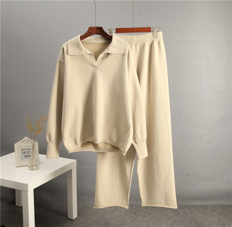European And American-style Solid-color Lapel Sweater Set For Women, FallWinter 