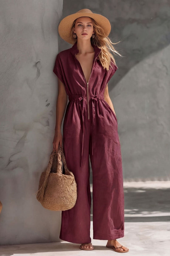 Retro Casual Resort-style V-neck Jumpsuit 