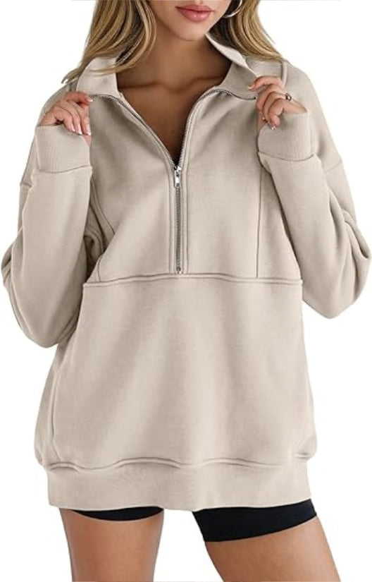 Women's Half Zip Sweatshirts Fleece Stand Collar Long Sleeve Thumb Hole Oversized Pullovers With Pockets CJ US