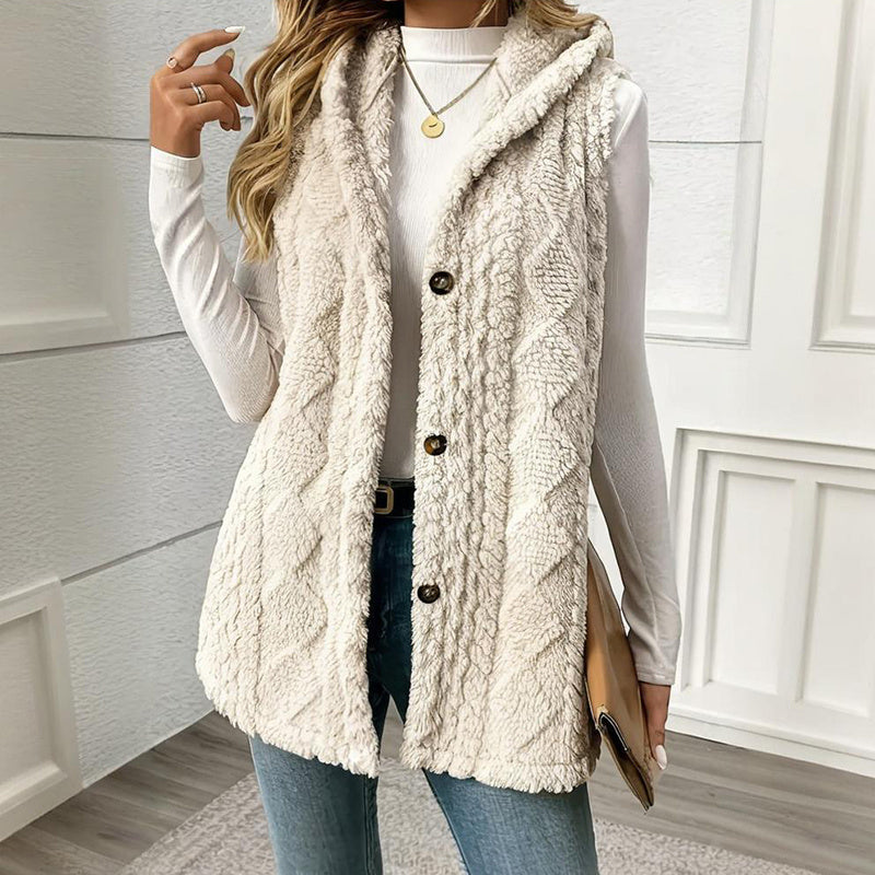 Women's Textured Sleeveless Hooded Vest, Button-Front Layering Piece For Fall & Winter Outfits CJ US