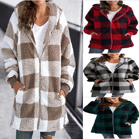 Women's Plaid Hooded Jacket, Long Sleeve Zip Up Oversized Coat With Pockets For Winter Casual And Commute CJ US