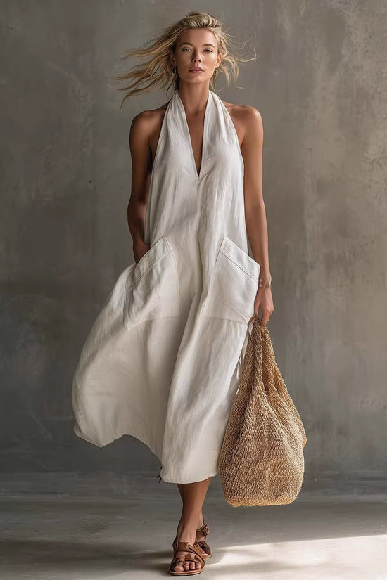 Casual Retro V-Neck Slip Linen Dress 