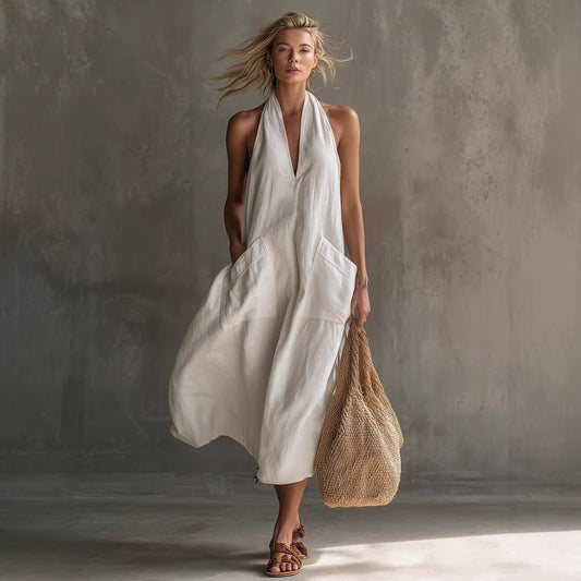 Casual Retro V-Neck Slip Linen Dress 