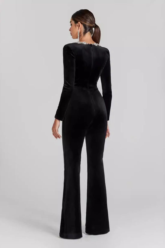 Women’s Diamond-Encrusted Square-Collar Flared Jumpsuit CJ